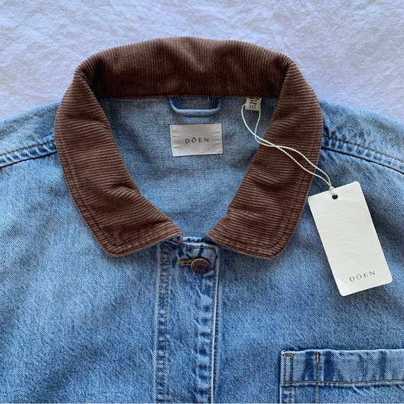 NWT Doen Pascual Cotton Denim Jean Corduroy Collar Barn Jacket Deveraux Wash - Picture 10 of 14